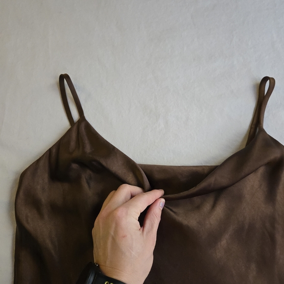 Audrey 3+1 Espresso Brown Maxi Spaghetti Strap Slip Dress Cowl Neck Thigh Slit - Picture 10 of 16